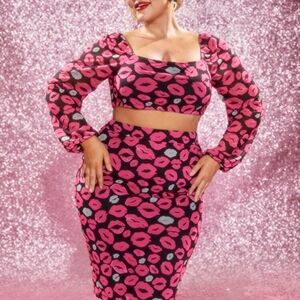 Pink and Black Lip Print Skirt